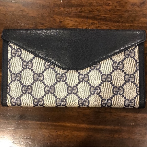 M GUCCI GG Monogram Navy Blue Leather Accent Long Bifold Wallet Vintage - Picture 4 of 17